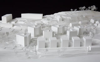 1. Preis, Wohnsiedlung Worblaufen, Ittigen, Modellbild des Grundrisses mit Möblierung, Fischer Architekten AG, Zürich
